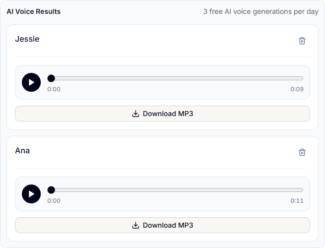 TokVoice generated voice results ready to preview and download