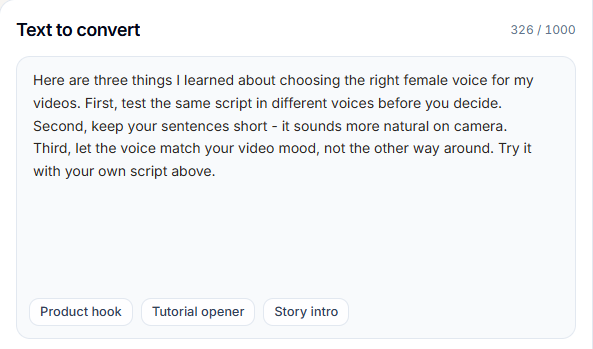 TokVoice text input filled with a short female voiceover script
