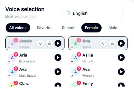 TokVoice female voice selection ready for voice comparison